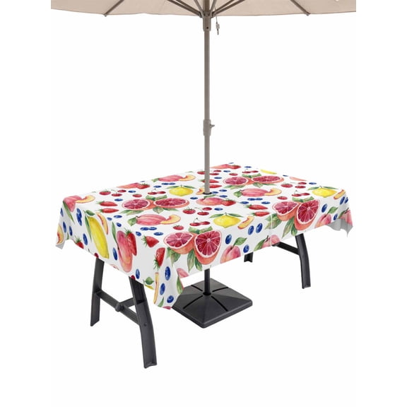 Outdoor Tablecloth with Umbrella Hole for Patio/Picnic/Party/Camping, Summer Fruits Waterproof Table Cloth Rectangle Table Cover Washable, Grapefruit Peach Lemon Strawberry (54"x 80")