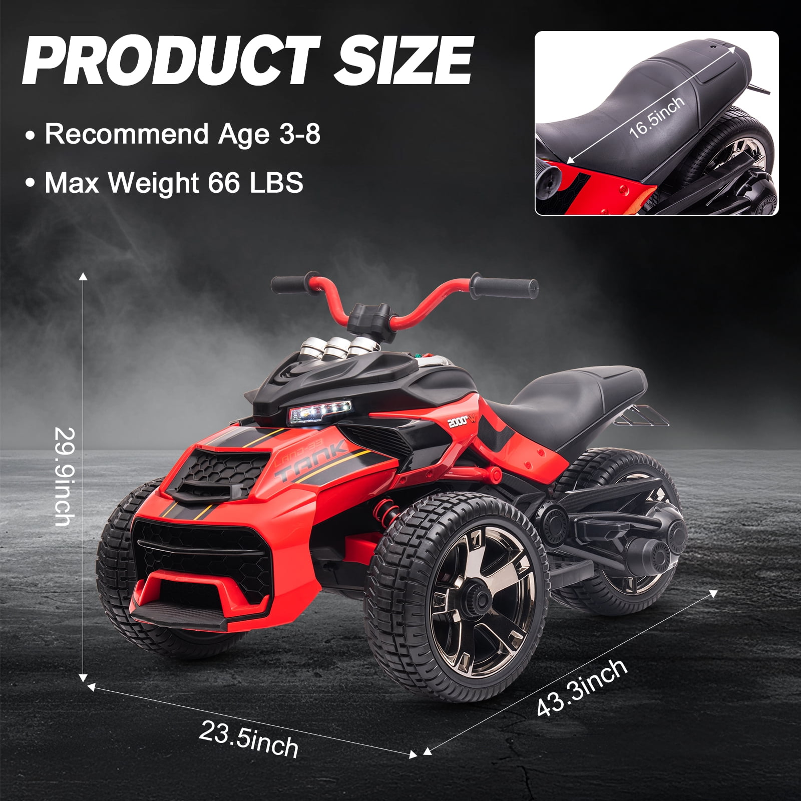 12V Kids Ride On ATV Car, MUKIDY  2 Wheeler Motorcycle Electric Vehicle ATV with LED, Music,Ride on Car Toy for Boys and Girls -Red