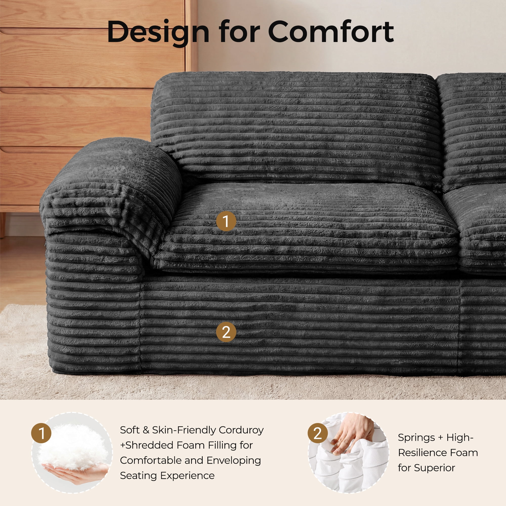Neche 114" Boneless Sofa Couch for Living Room, Deep Seat, Soft Corduroy Design, Dark Gray