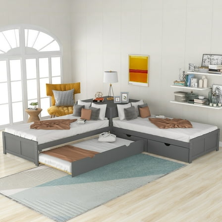 CoSoTower L-Shaped Platform Bed with Trundle and Drawers Linked with Built-In Desk,Twin,Gray