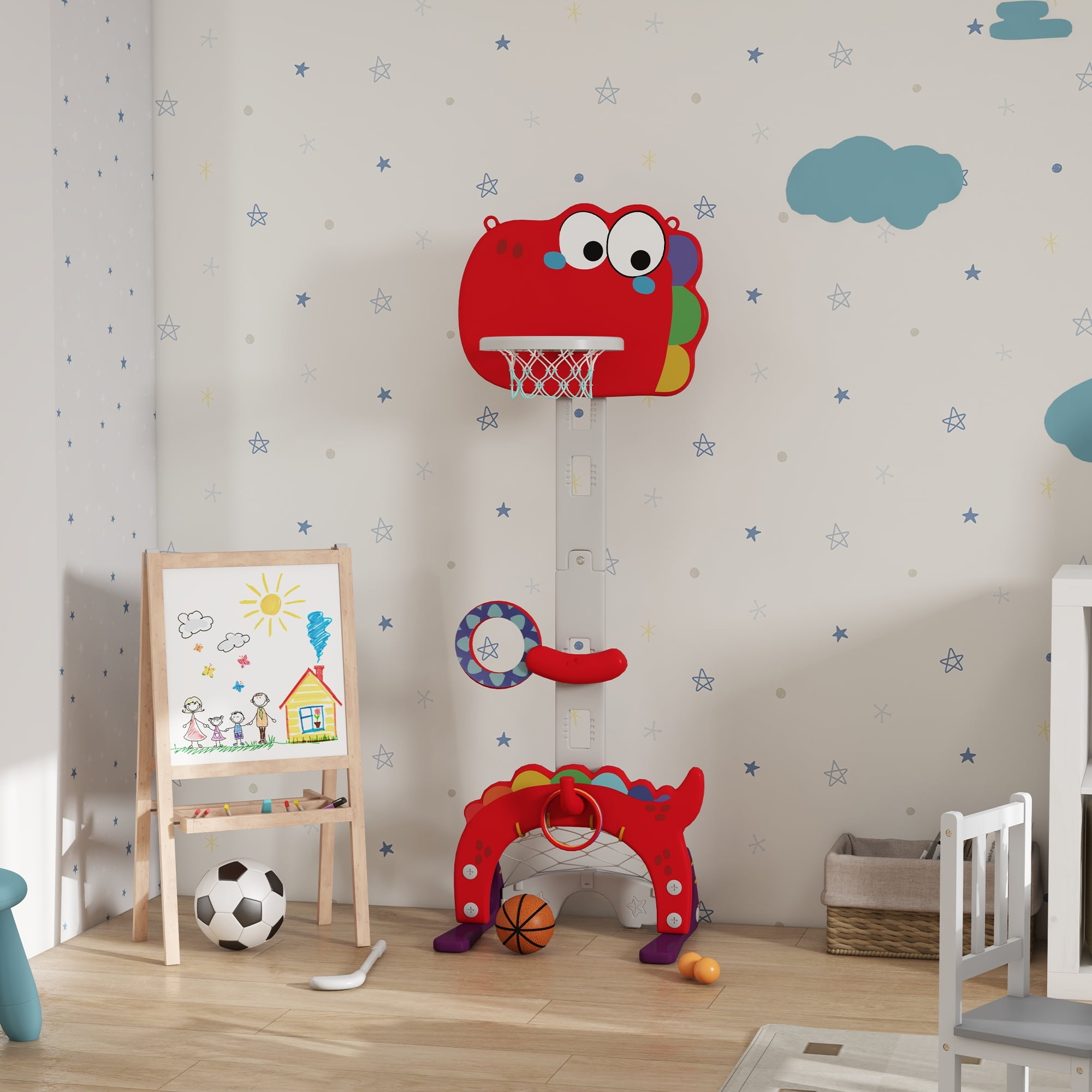 5-in-1 Kids Basketball Hoop, Toddler Sports Activity Center, 5 Level Adjustable Height Basketball Goal with Soccer, Golf, Ring Toss & Throw Ball Game for Boys Girls 3-6 Years Indoor, Red