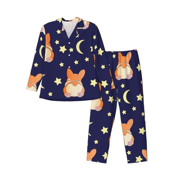 Fotbe Corgi Lying With Moons And Stars Pijama de Hombre con Estampado de Manga Larga, Conjunto de 2 Piezas, Ropa de Dormir Suave y Cómoda con Bolsillos-Small