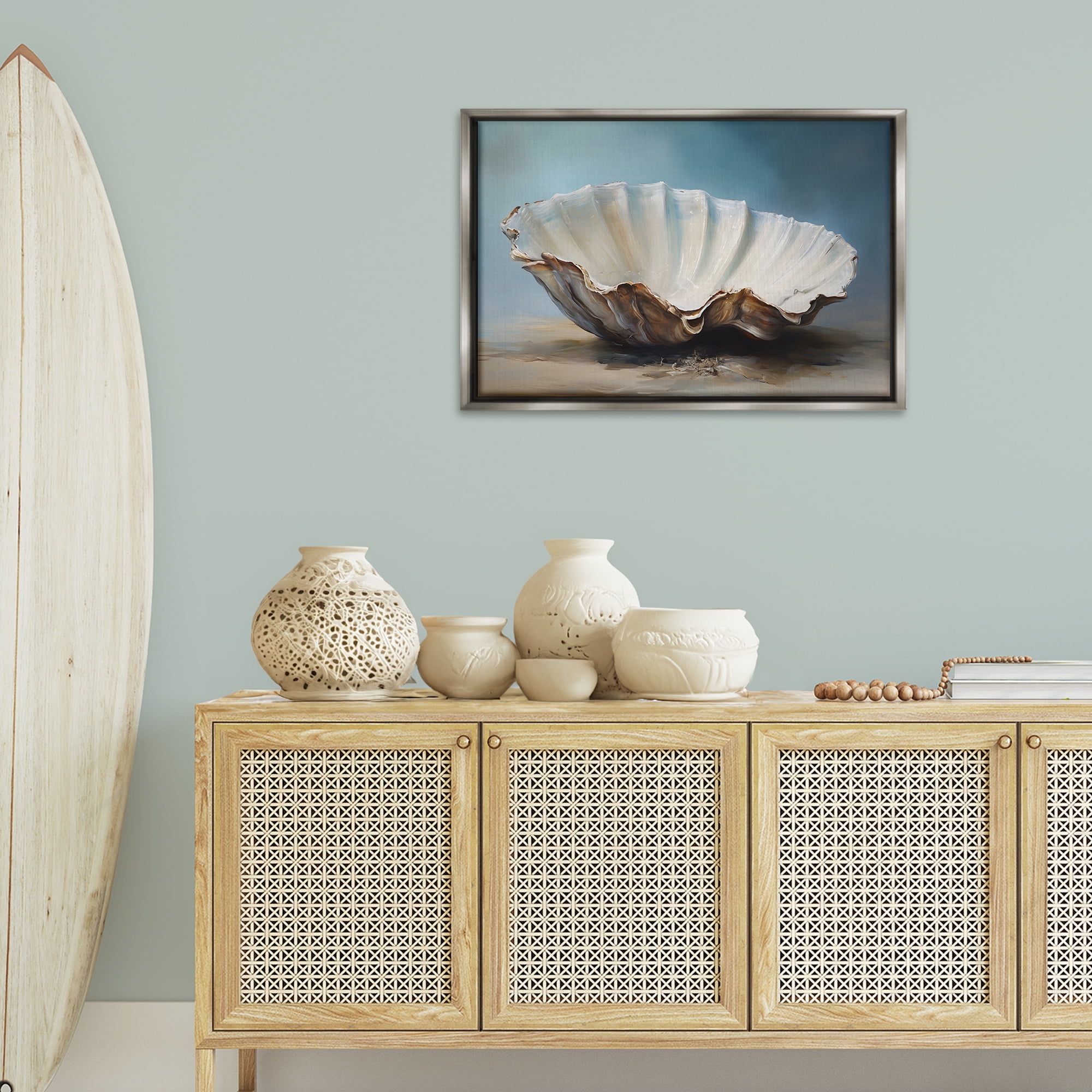 Stupell Industries Neutral Beach Seashell Nautical & Beach Painting Gray Floater Framed Canvas Art Print Wall Art, 31 x 21