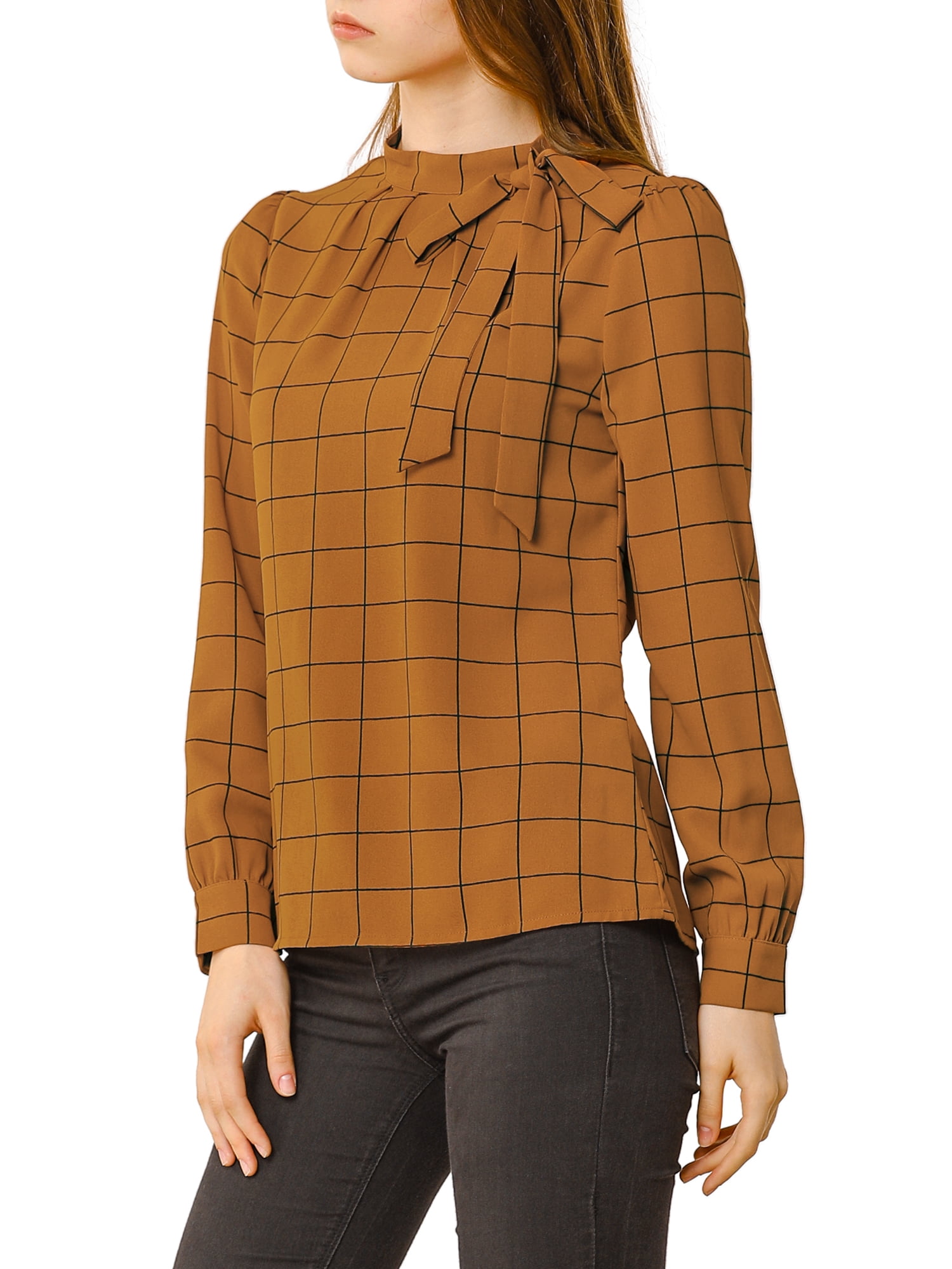 DARING DIVA Bow-Tie Neck Office Work Checks Shirt Top XL Brown