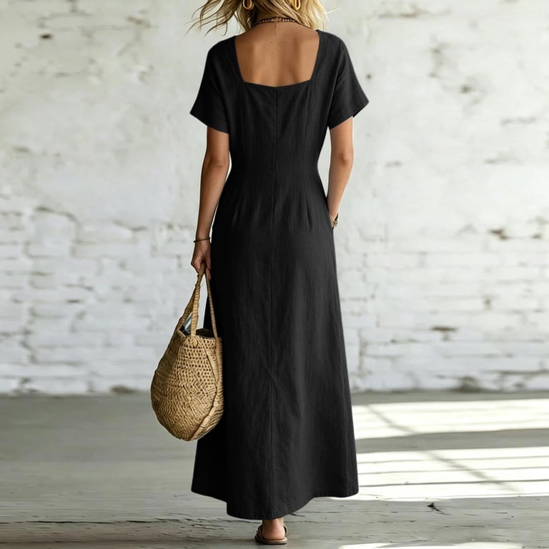 linen blend square neck short sleeve dress Square-Neck Mini Dress in 100% Linen