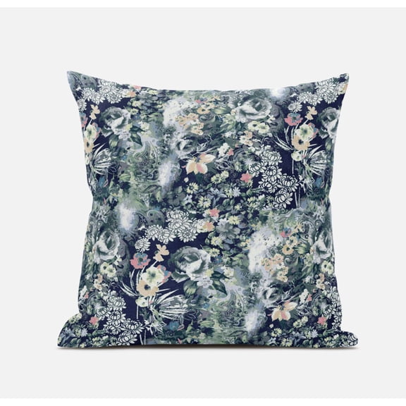 Sea Garden Rose Suede Zippered Pillow W Insert in Red Light Green Indigo 20 x 20