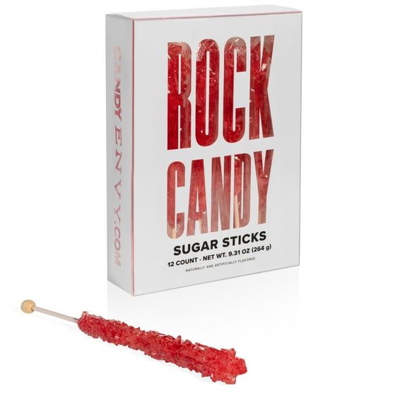 Candy Envy Red Rock Candy Sugar Stick, Strawberry Flavor, 12 Count, Individually Wrapped