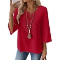 thumbnail image 2 of Women's Cotton Linen 3/4 Sleeve V Neck Lace Blouse Loose Fit Casual, 2 of 8