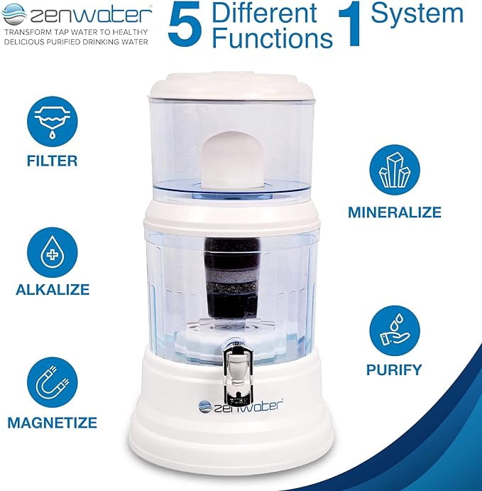ZENWATER 8 Stage Gravity Water Filteration System - Portable Countertop Water Filter System - Alkaline Water Filter System - 4 Gallon