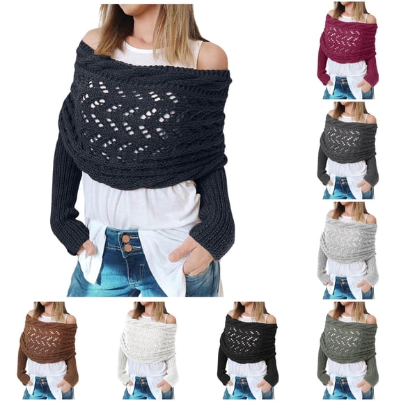 HNMKIU Women's Fashion Casual Autumn Winter Outdoor Solid Color Wool Hollow Lengthening Double Sleeve Shawl Scarf With Sweater ,Navy
