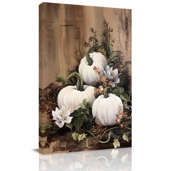Canvas Wall Art, White Pumpkins Fall Framed Canvas Prints for Bathroom Hallway, Thanksgiving Botanical Farmhouse Small Gallery Wrapped Wall Decor for Home Office, Gifts, 8"x10" Ship Next Day