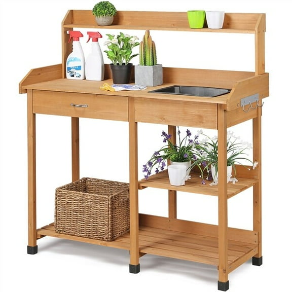 WSRFSD Garden Potting Bench Table with Removable Sink and Drawer, Outdoor Fir Wood Planting Workstation Table with Hooks and Shelves for Gardening, Natural Wood Color