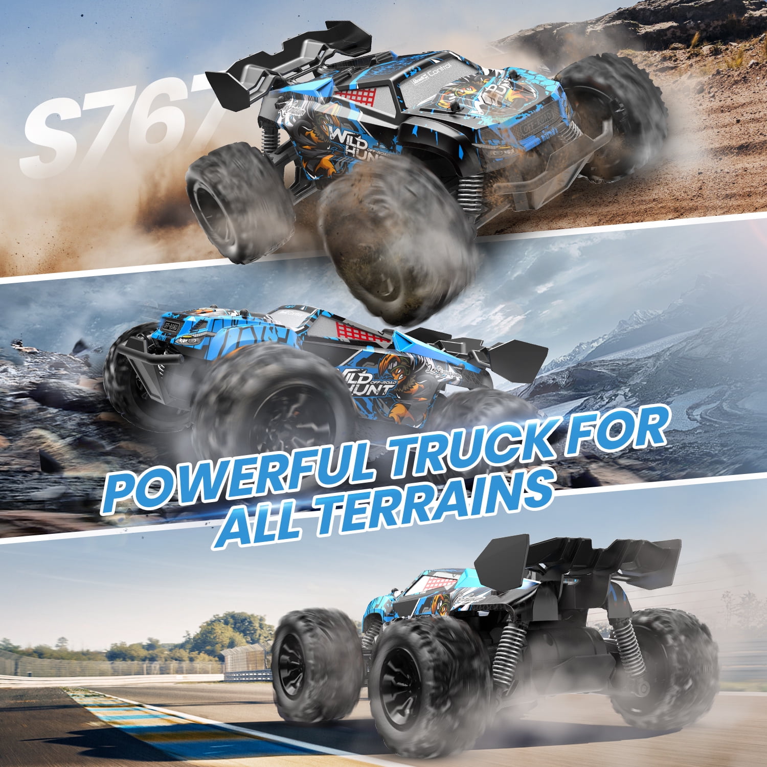 JoyStone Remote Control Car, 1:18 Remote Control Monster Truck All-Terrain 2.4GHz RTR RC Cars W/ 2 Batteries for Kids Toys Gift, Black & Blue