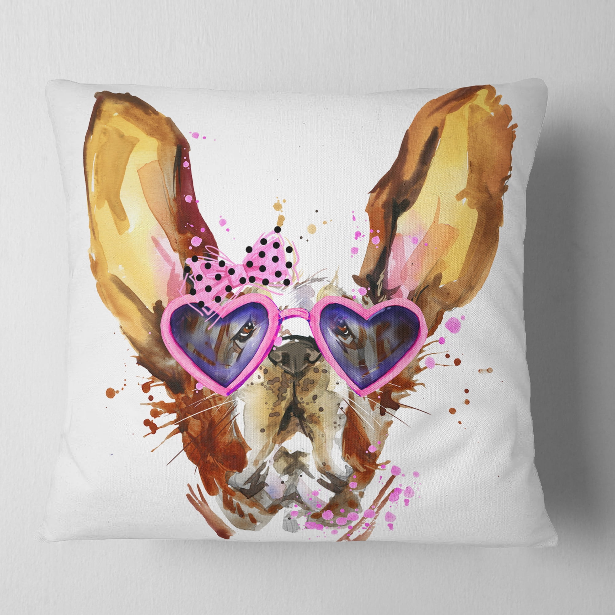 Designart Brown Cute Dog with Heart Glasses - Animal Throw Pillow - 18x18