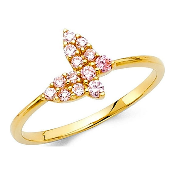 CZ Pink Butterfly Ring Solid 14k Yellow Gold Band Cocktail Right Hand Fashion Stylish Polished, Size 7