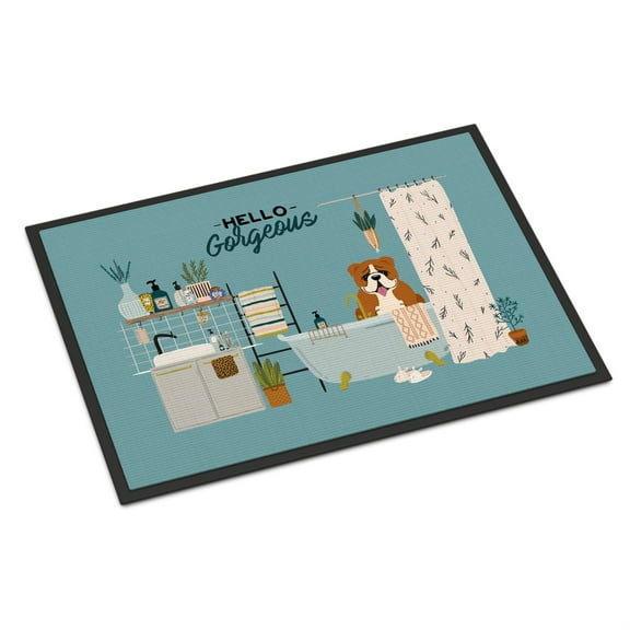 Red White English Bulldog in Bathtub Indoor or Outdoor Mat 24x36 CK7542JMAT