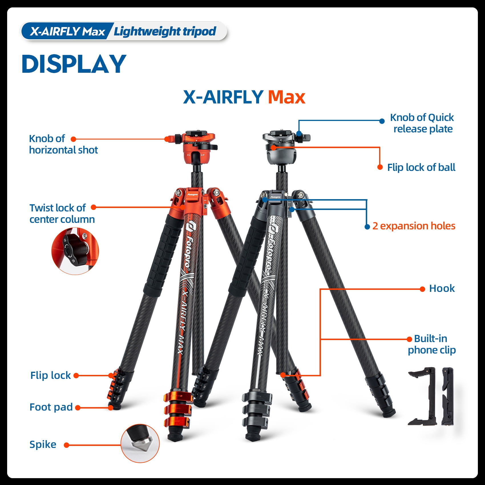 Fotopro X-Airfly Max 65.4" Carbon Fiber Ball Head Tripod, Detachable Monopod, Lightweight Compact Camera Tripod Stand for Travel, Low Angel Shooting, Hidden Phone Clip, Max Load 22 lbs, Grey