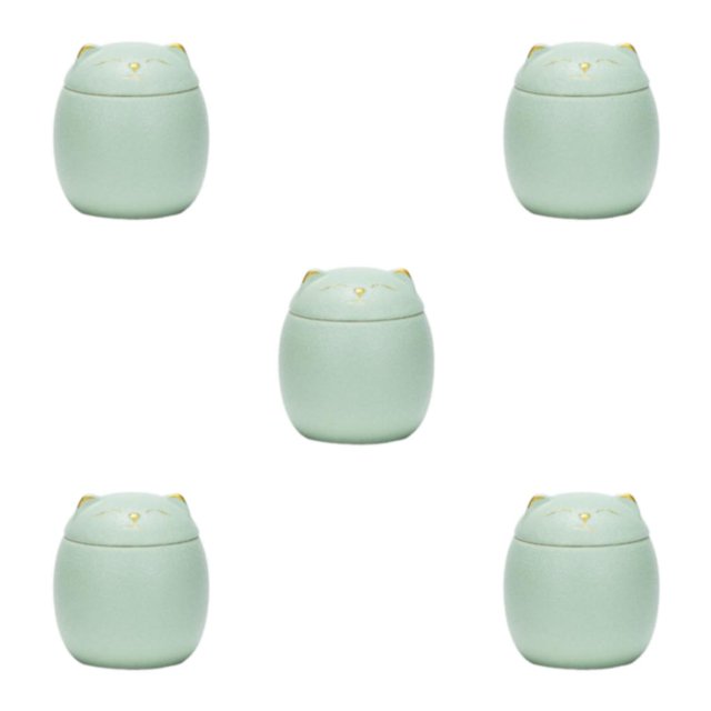kurtrusly Bocaux en Céramique Grande Capacité Mignons pour Grand Application Forme de Chat Bocaux à Thé en Céramique Forme de Chat Bocaux de Rangement Verts 150ml 5ensemble