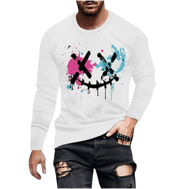 Fashionable Mens Printed Top with Long Sleeved Round Neck and Smiling Face Printed Top/Shirt