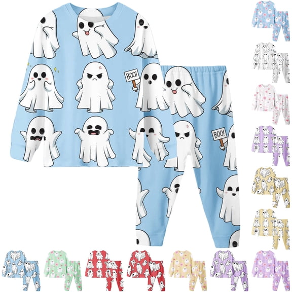 CUZIBR Girls Outfits Crewneck Long Sleeve Halloween Print Pajama Set Sleepwear Outfit Soft Comfortable Casual Wear For Children Toddler 2 9 Years Clothes Sets,Light Blue-2,8Y