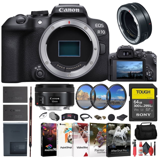 Canon EOS R10 Mirrorless Camera 5331C002 Canon EF 50mm Lens 0570C002 Canon Mount Adapter Sony 64GB TOUGH SD Card Filter Kit Bag Charger LPE17 Battery Card Reader International Model