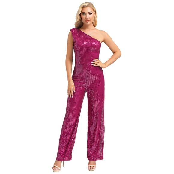 Sinleey Womens Summer Jumpsuits Dressy Casual One Piece Outfits Sleeveless Wide Leg Long Pants Sequin Romper Hot Pink M