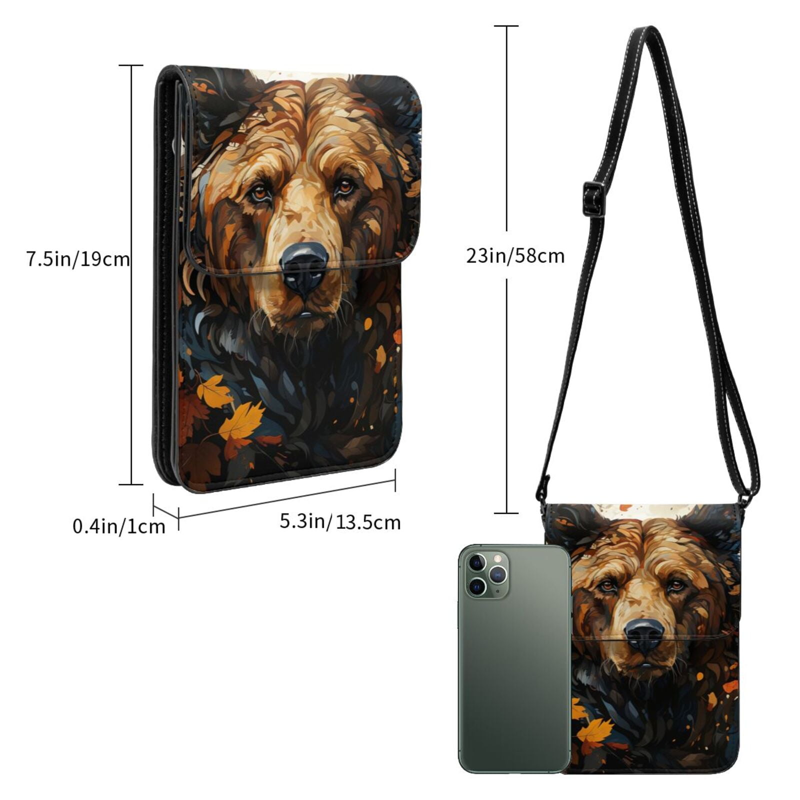 Bear Grizzly Bear Art Vintage Cell Phone Purse Small Crossbody Bag with Strap Credit Card Slots Leather Shoulder Wallet for Women