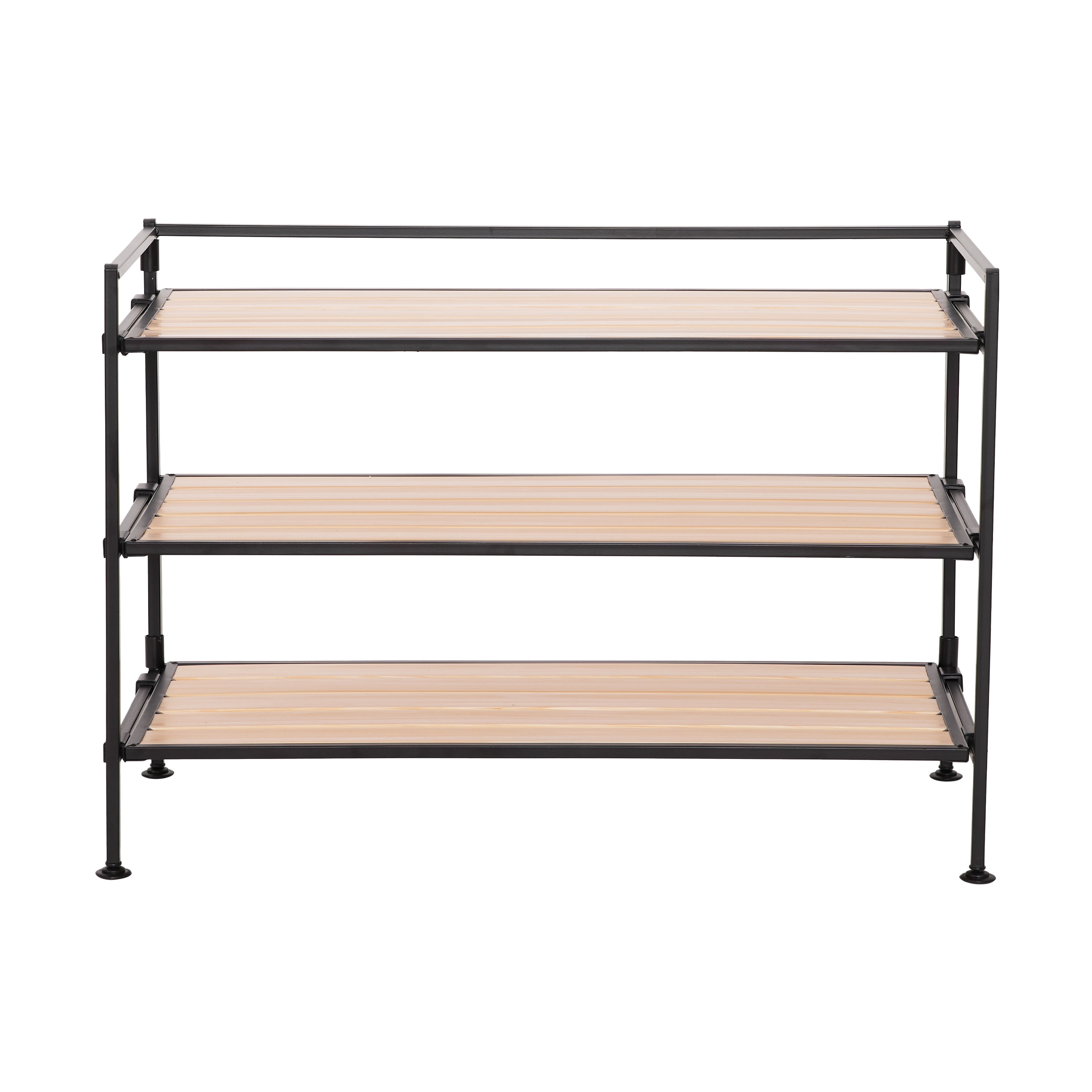 Seville Classics Sturdy Freestanding Storage Shelf for Bedroom, Closet, Entryway, Dorm Room Organizer, Stackable Metal 3-Tier 2" Resin Slat Shoe Rack, Light Oak