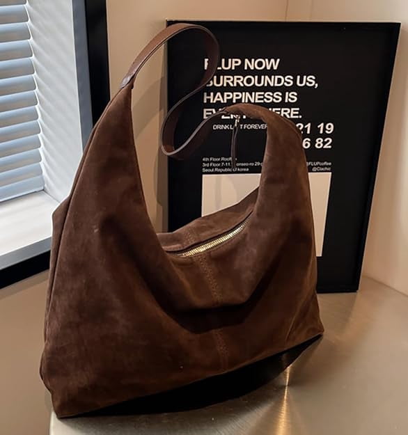 Lohol Trendy Suede Crescent Shoulder Bag Women Tote Bag Satchels Crossbody Purse Top-handle Travel College Work Tote Handbag-Coffee