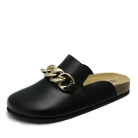 Dream Pairs Women s Mules Soft Footbed Clog Comfortable Flats Cork Clog Shoes Round Toe Chain Mules Slip on Sandals Slides Shoes SDML2207W BLACK/PU Size 6
