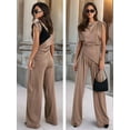 thumbnail image 6 of Women'S Round Neck Pleated Sleeveless Casual Suit,Sleeveless Crewneck Vest Wide Leg Pantsuit Business Sets with Pocket Khaki M, 6 of 8