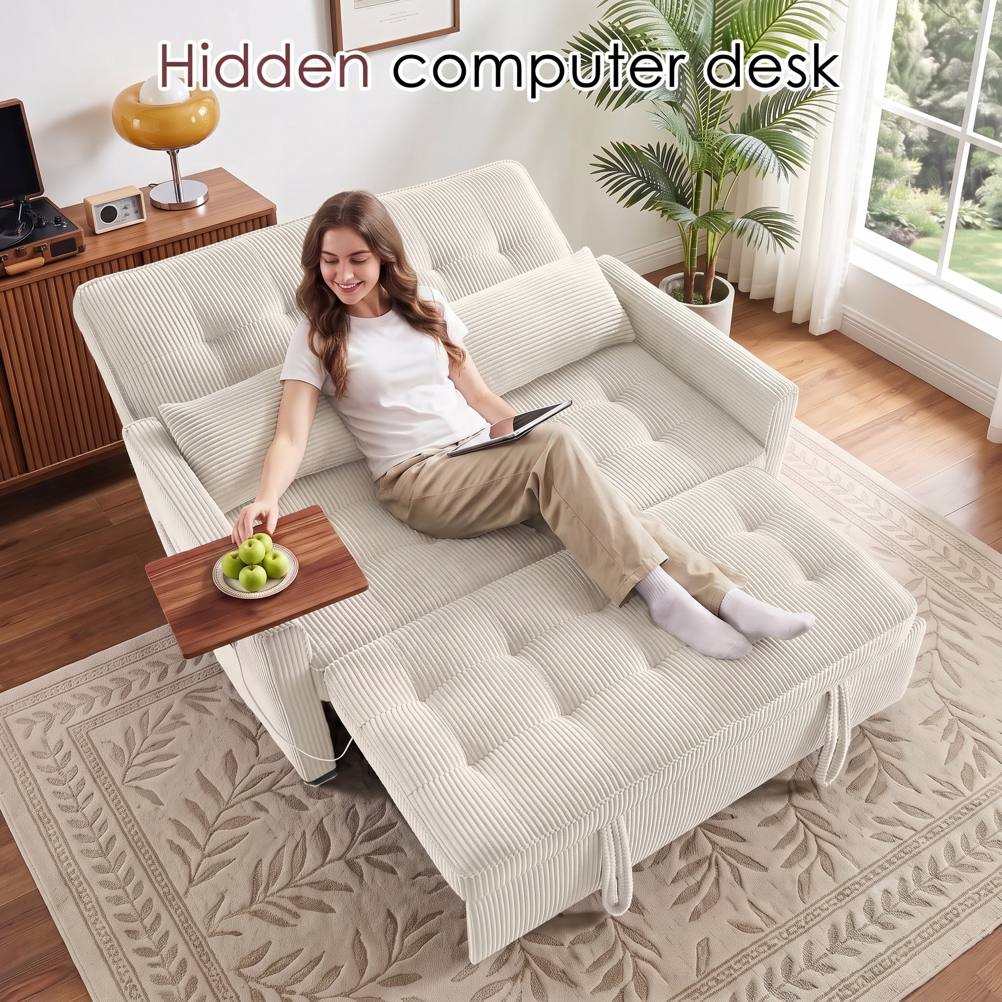 avobird 54'' 3 in 1 Pull Out Sofa Bed, Convertible Couch with Adjustable Backrest/Side Pockets/USB Charging Ports, Sleeper Sofa with small table for Living Room, Beige
