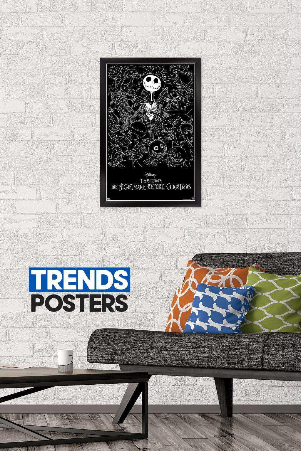 Disney Tim Burton's The Nightmare Before Christmas - Black and White Wall Poster, 14.725" x 22.375", Framed