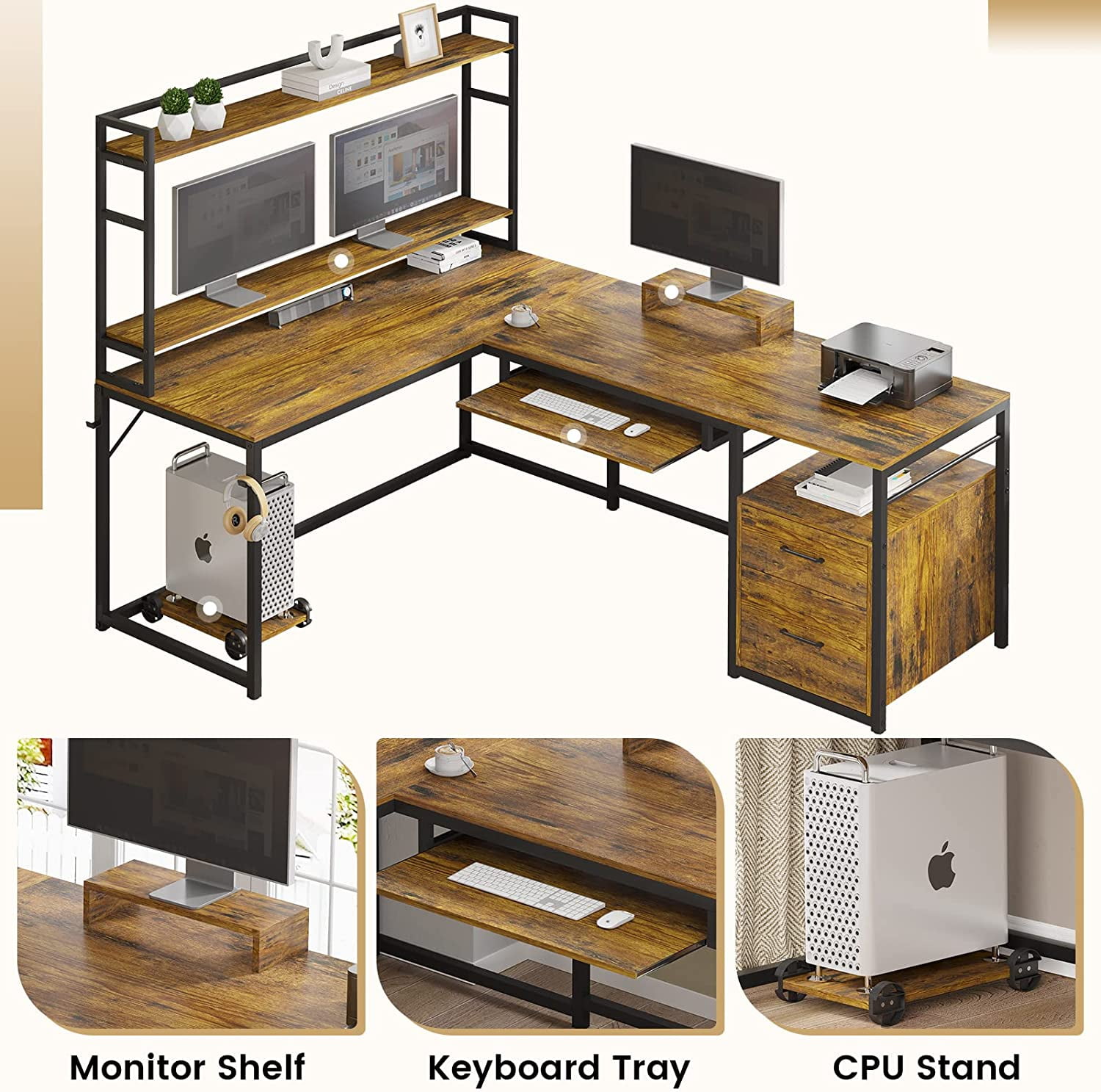 Buy Brown L Shaped Computer Desk with File Drawers and Hutch for Home