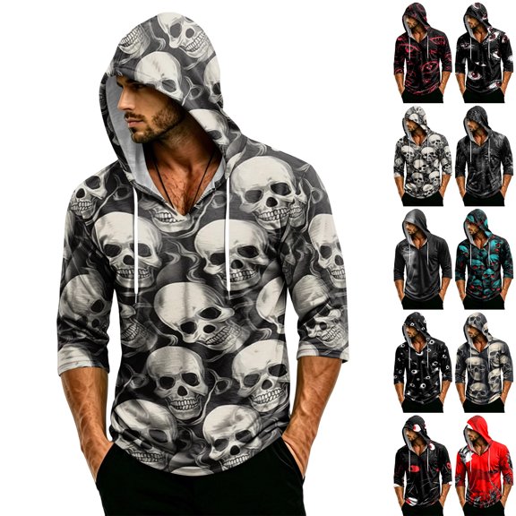 IAJDKMEK Men's Hoodie Halloween Shirt Tee - 3/4 Sleeve Funny Graphic Pullover, Great for Men's Casual Wear and Party Nights,Black L