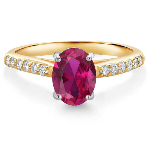 Gem Stone King 10K Yellow and White Gold Red Created Ruby and White Lab Grown Diamond Engagement Ring for Women (1.53 Cttw, Oval 8X6MM, Gemstone July Birthstone, Size 6)
