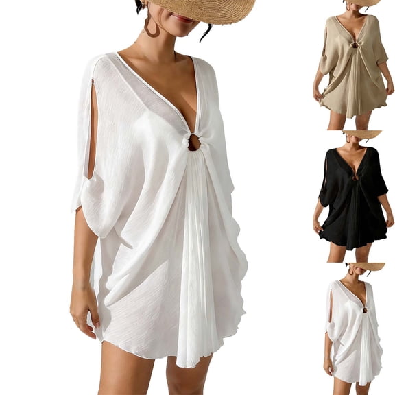 Ichuanyi Women Sleeveless Swim Cover Up Short Sleeve V Neck Bathing Suit Beach Dress Summer Swimwear Coverups