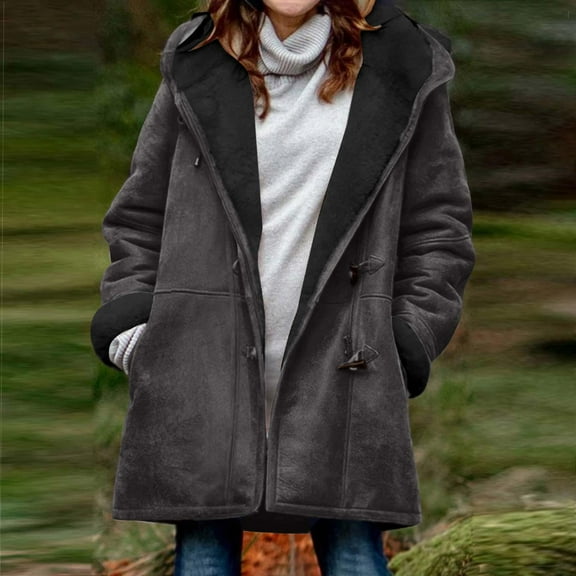 BLTIBY Sherpa Fleece Lined Jacket for Women Hoodies Plus Size Winter Warm Shearling Horn Button Coat Warm Casual Loose Hooded Coat with Pockets Dark Gray 4XL