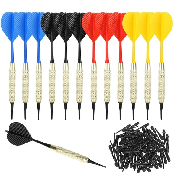 12pcs Darts Plastic Tip, DISEN Soft Tip Darts, 18 Gram with 100 Extra Black 2BA Replacement Tips, Aluminum Shafts, Safe Flights for Electronic or Plastic Dartboard, 4 Color