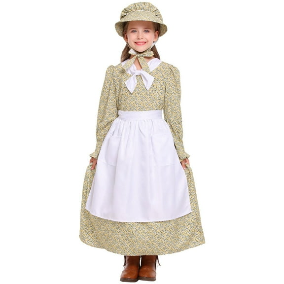 Mercatoo Girls Prairie Dress Long Sleeve 𝗙loral Dresses with Apron and Bonnet Village Clothes Outfits 3pc Set for Holiday