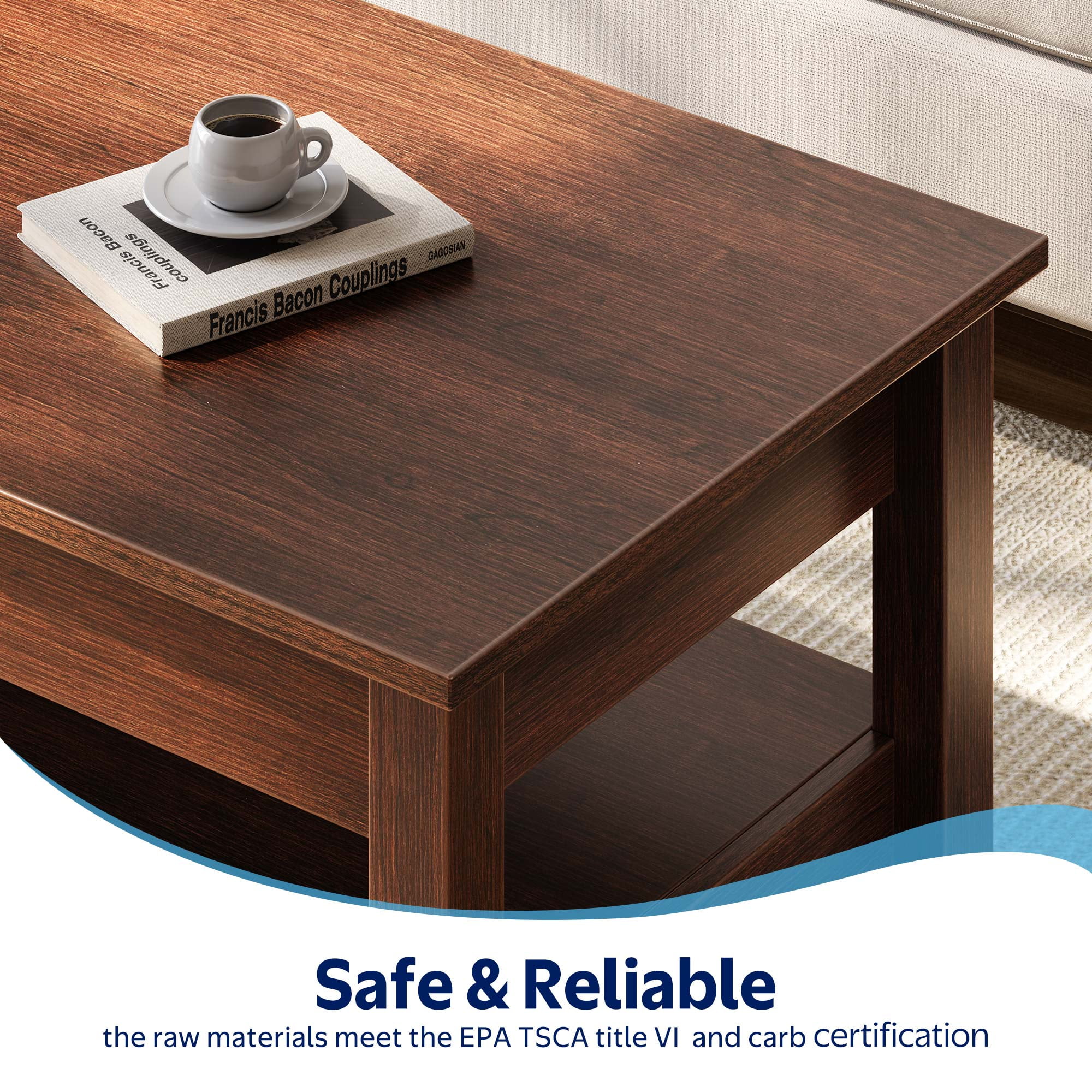 Greenstell Lift-Top Storage Coffee Table - Modern Style with 2 Drawers, Hidden Compartment & Wooden Lift Tabletop - Chestnut - 44"
