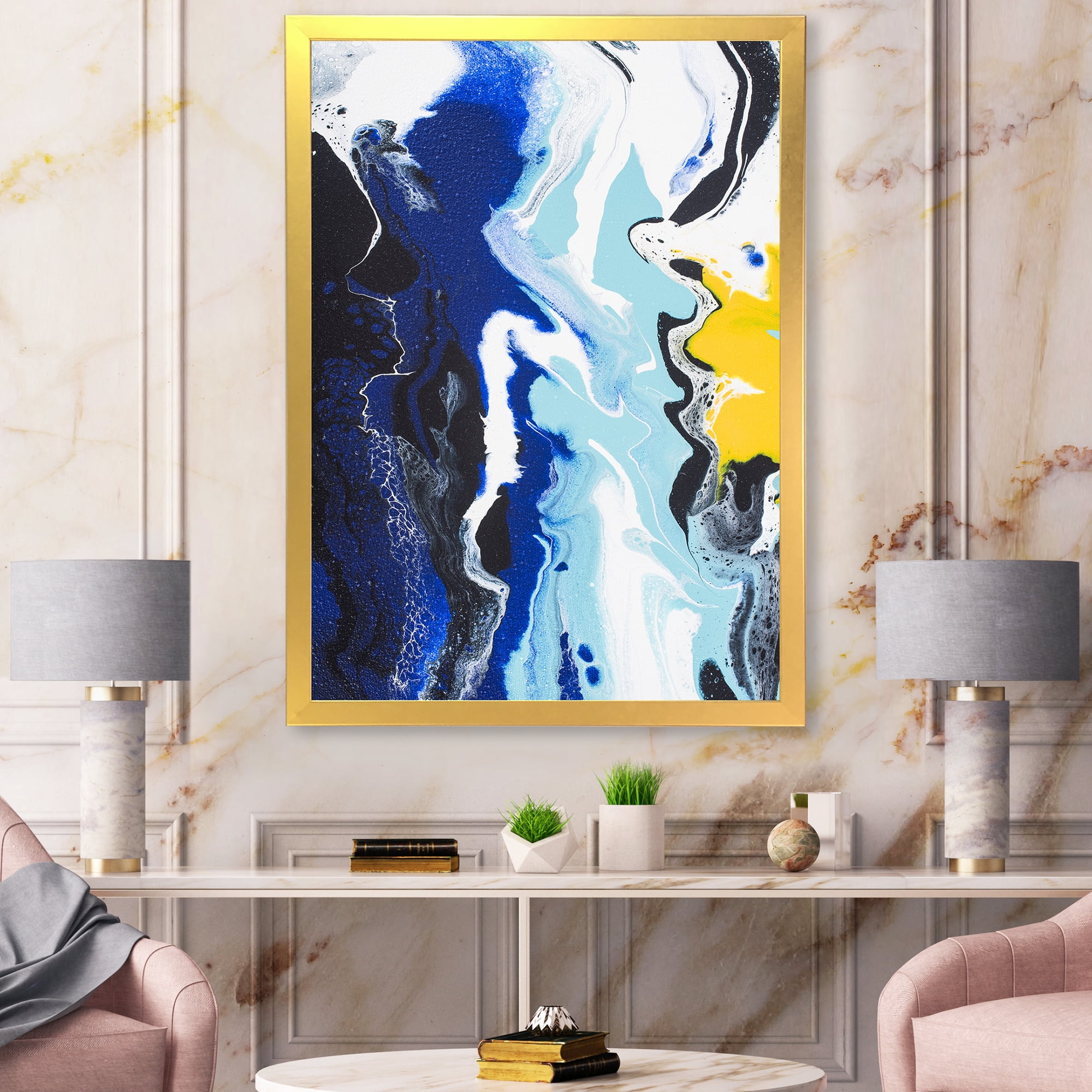 Designart 'Abstract Blue and Yellow Waves' Modern Framed Art Print