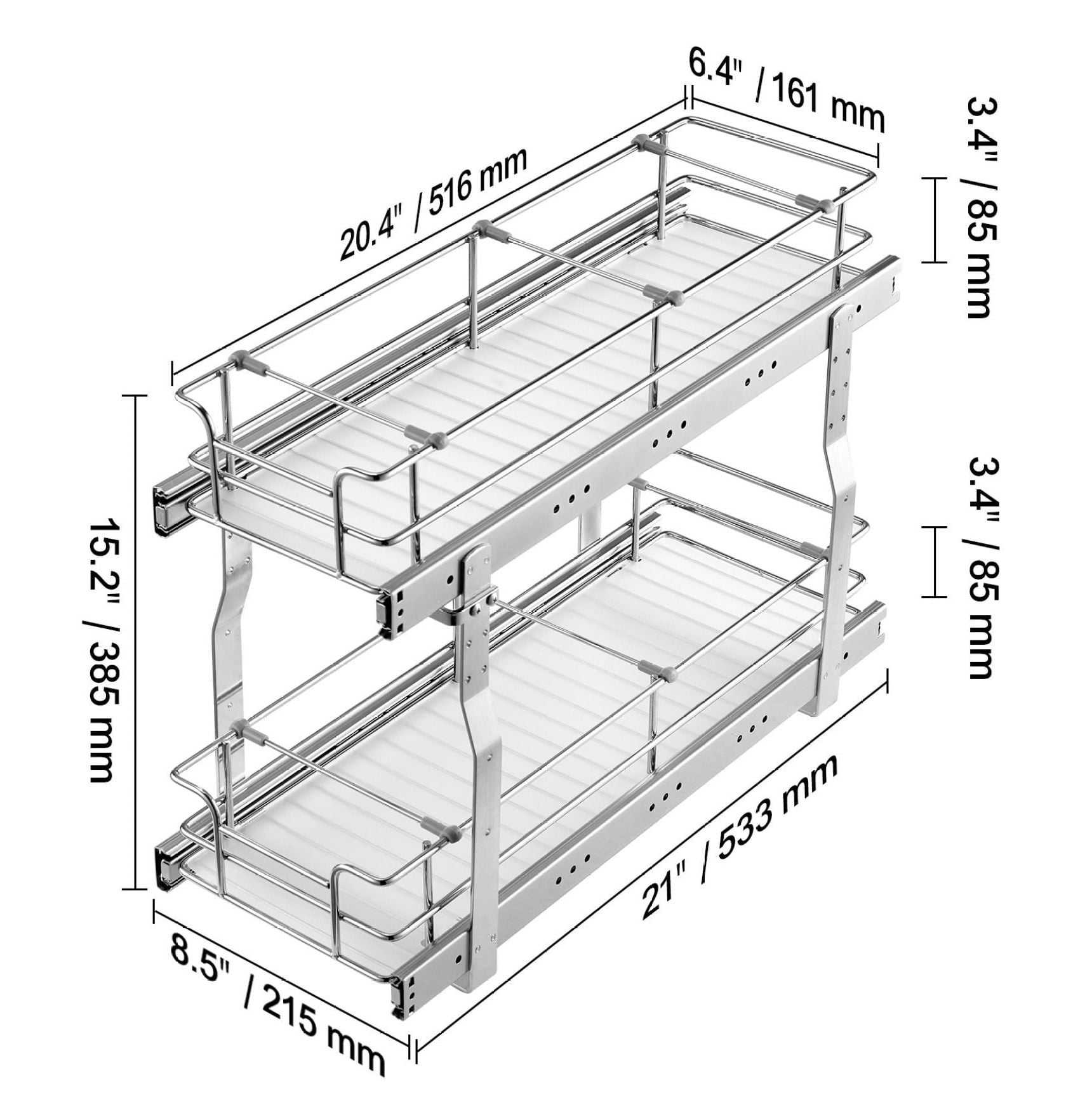 Pull Out Cabinet Organizer 8.5"x21", Slide Out Pantry Shelves, Steel Roll Out Drawers, Under Sink Storage, 10"x22" Install Size, Adjustable Dividers