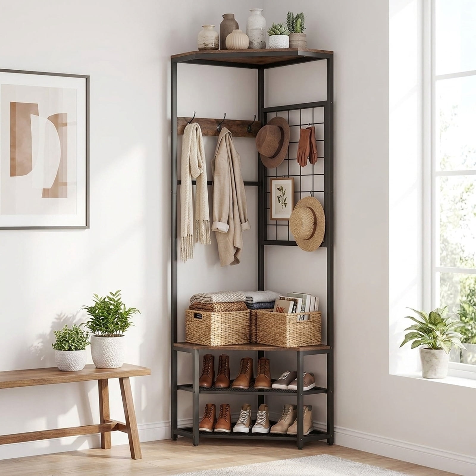 Furnibear Corner Freestanding Hall Tree Coat Rack with Storage Shelves and Removable Hooks for Entryway and Bedroom, Rustic Brown