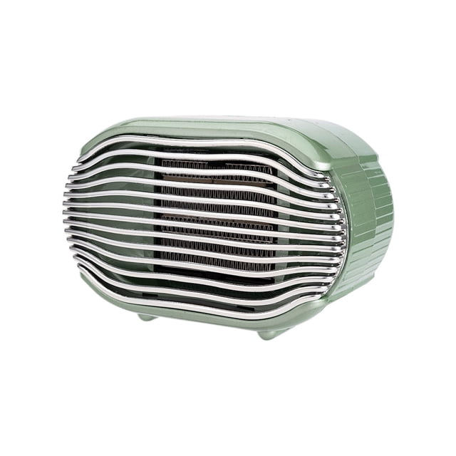 Up to 65% off Portable Fan Heater Desktop Heater For The Office & Home. Compact green portable fan heater with a sleek design featuring horizontal metal grilles for airflow. Made with ABS flame-retardant material for safety, it offers fast heating in 3 seconds and includes overheating and anti-tip protection. Ideal for small spaces up to 10 square meters, with dimensions of 16.5 × 14.5 × 14.5 cm. Powered at 800W with a 120V voltage and 50 Hz frequency.