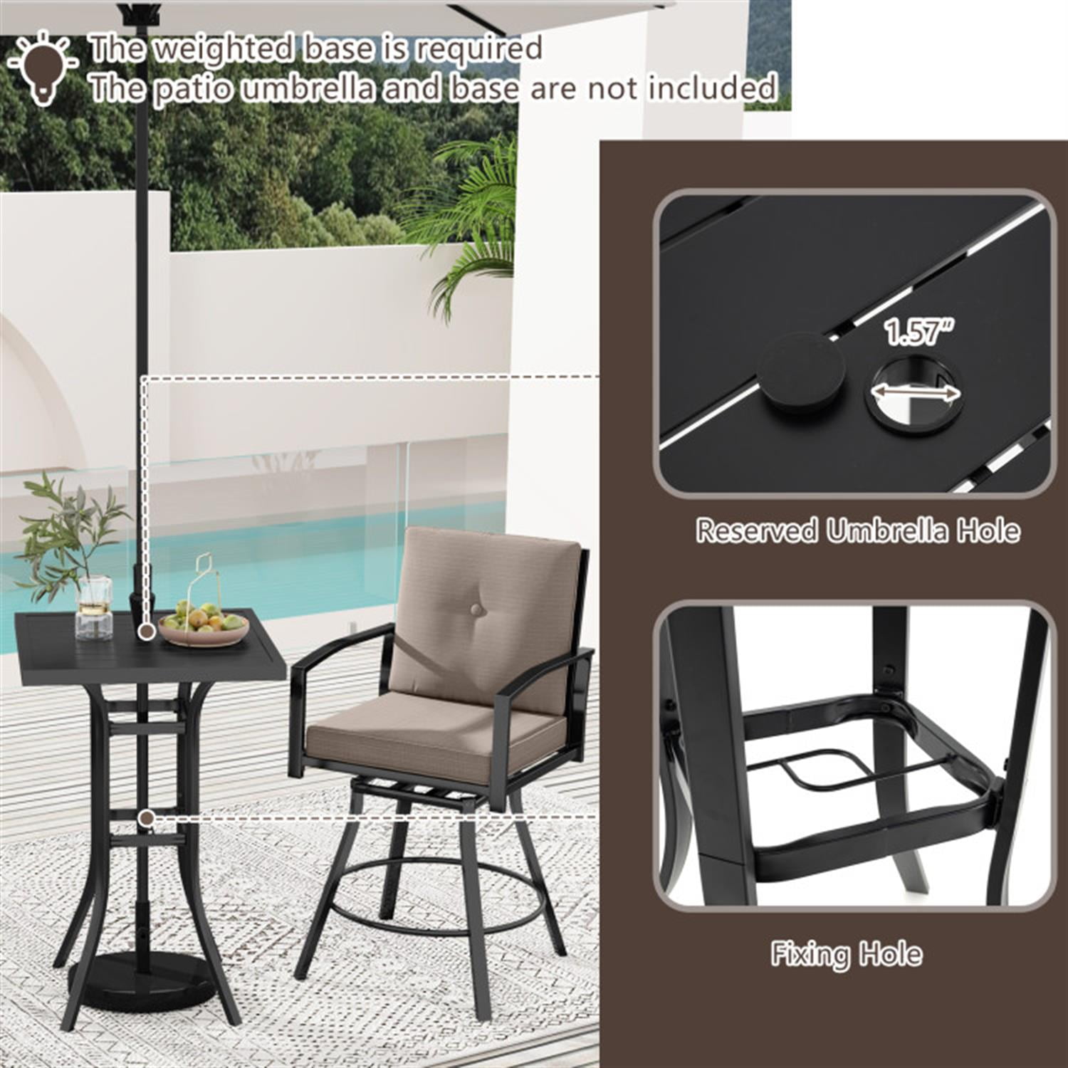 Demi Bonn 3 Pieces Patio Swivel Bar Set with Soft Cushions and Umbrella Hole, Outdoor Bistro Sets Accent Furniture for Yard, Garden, Brown