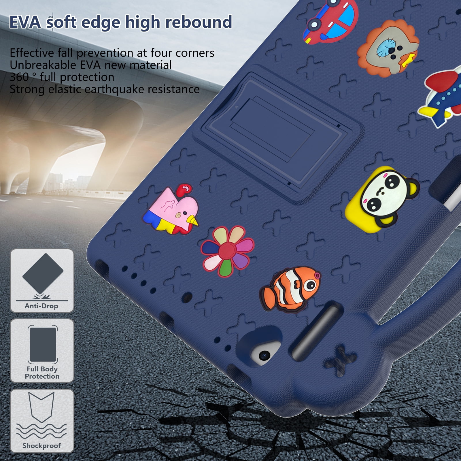 ELEHOLD Kids Case for iPad 6th/5th Gen/Pro (2018/2017/2016) 9.7 inch, EVA Foam Cute Cartoon Case with Built-in Kickstand Pencil Holder Shockproof Portable Case for iPad 9.7"/iPad Air/Air 2,Navyblue