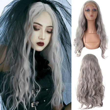 Synthetic Lace Front Wig Long Body Wave Half Hand Tied Heat Resistant Wavy Gray Hair Wigs for Women Daily Wear/Party/Cosplay (24 inches)