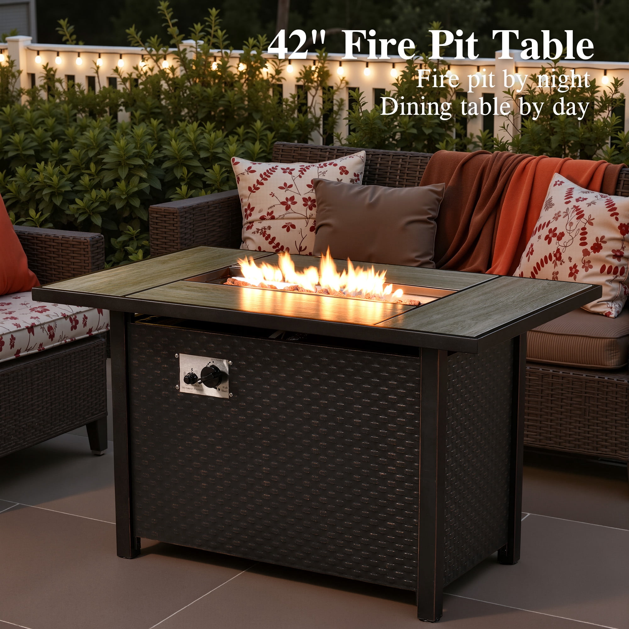 Ovios 7 Piece Outdoor Patio Furniture Set All-Weather Wicker Rattan Conversation Set with High Back Swivel Chairs & Propane Fire Pit Table, Denim Blue