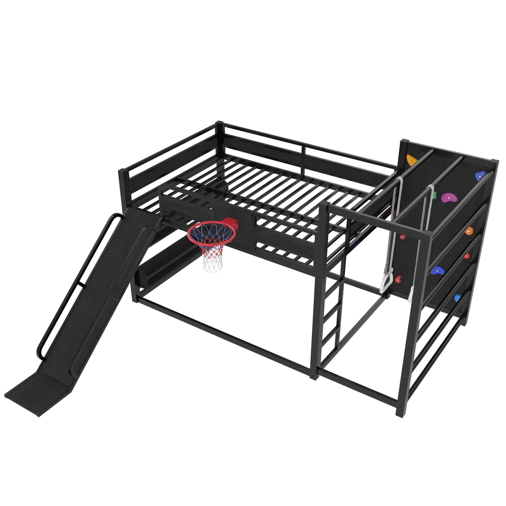 Full Size Loft Bed with Basketball Hoop, Pull-up Rings and Climbing Wall, Metal Loft Bedframe with Bulit-in Bookshelves, Kids Playhouse Bed with Slide for Boys Girls